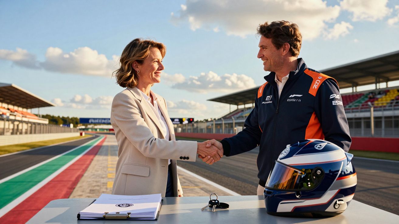 Duas pessoas a cumprimentar-se com aperto de mãos na pista de um autódromo, com capacete e chave sobre a mesa.