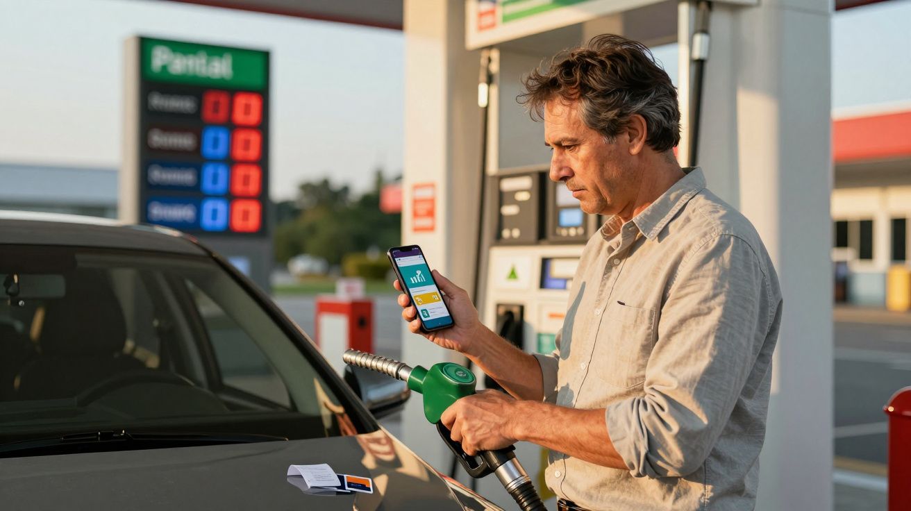 Homem a abastecer carro numa bomba de combustível enquanto consulta telemóvel numa estação de serviço.