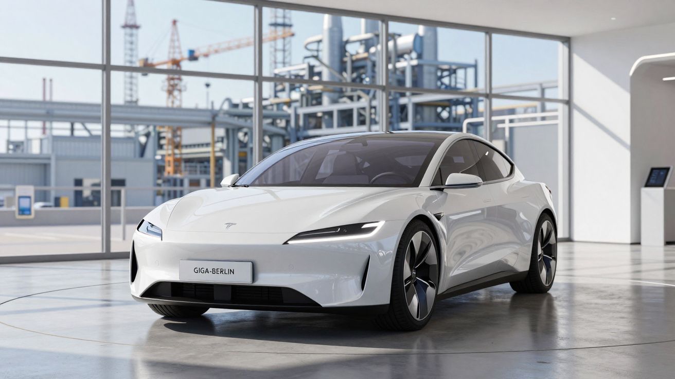 Carro elétrico branco Tesla Giga-Berlin estacionado numa garagem moderna com janelas grandes e vista industrial.