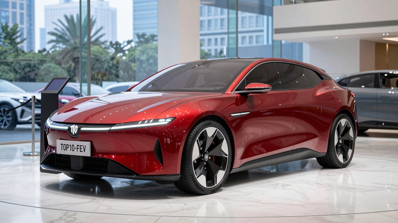 Carro elétrico vermelho moderno estacionado em pavimento de mármore numa sala com janelas de vidro.