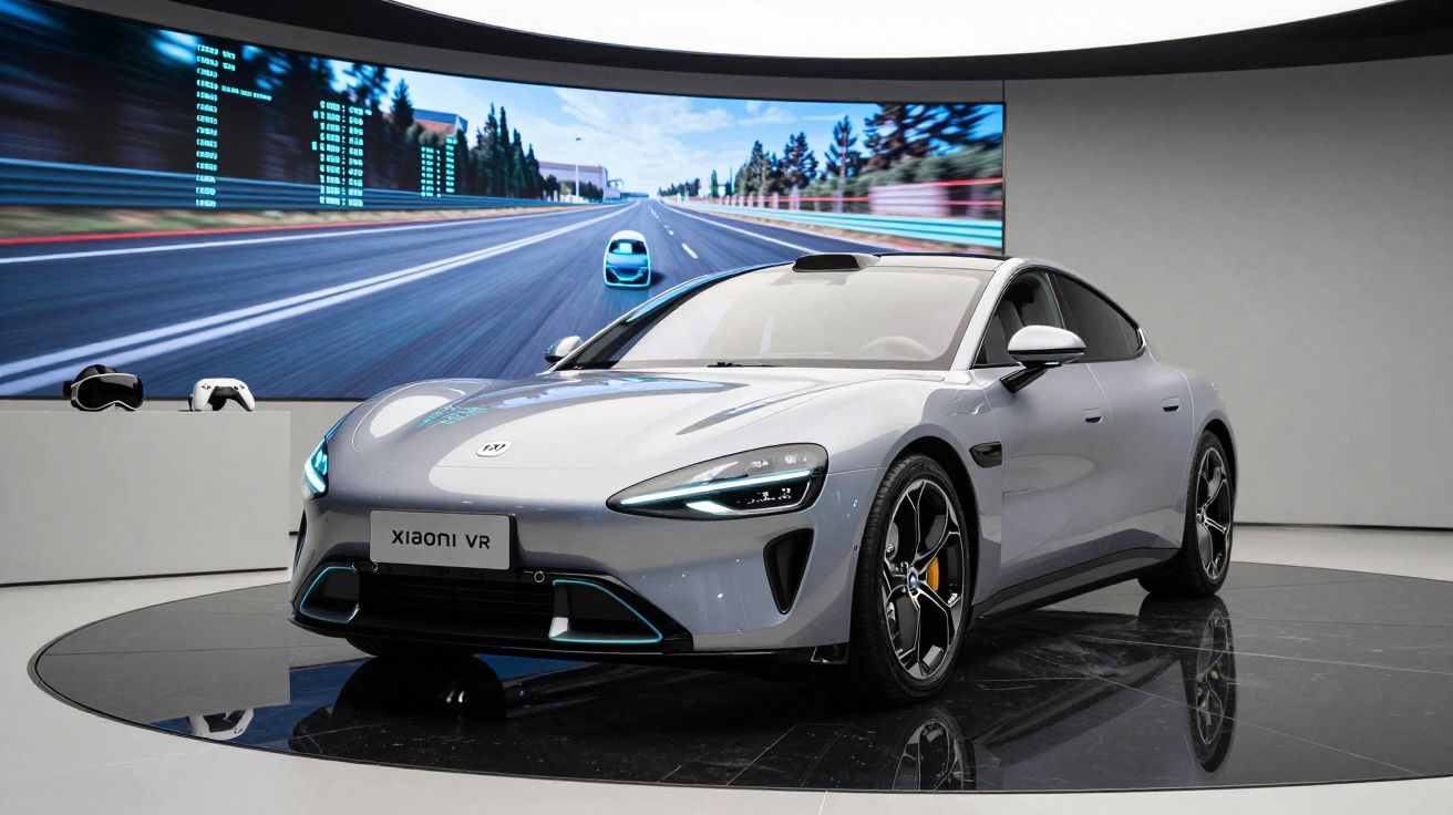 Carro elétrico cinza exposto em plataforma circular com ecrã de videojogo de condução ao fundo.