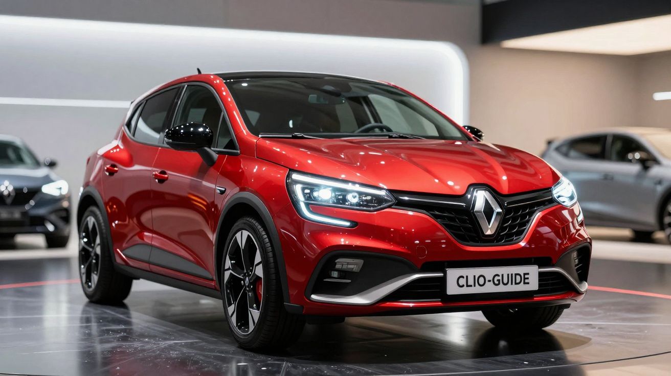 Carro vermelho Renault Clio com faróis acesos, exposto em ambiente interior moderno.