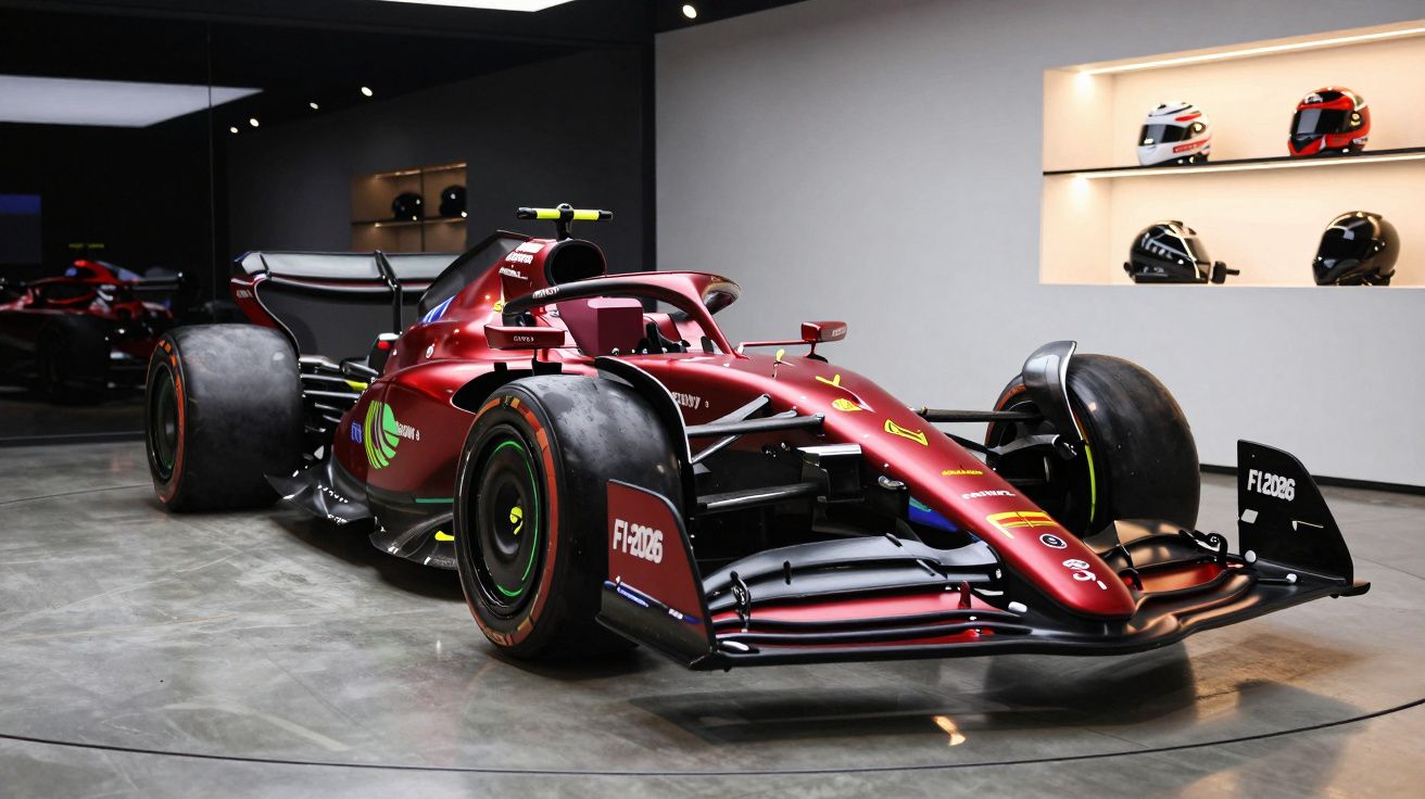 Carro de Fórmula 1 vermelho exposto em sala com capacetes na parede e chão cinzento polido.