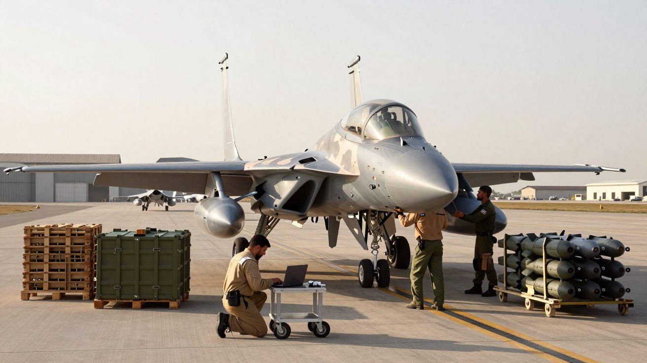 Caça militar estacionado em pista com três técnicos em manutenção e acessórios ao lado.