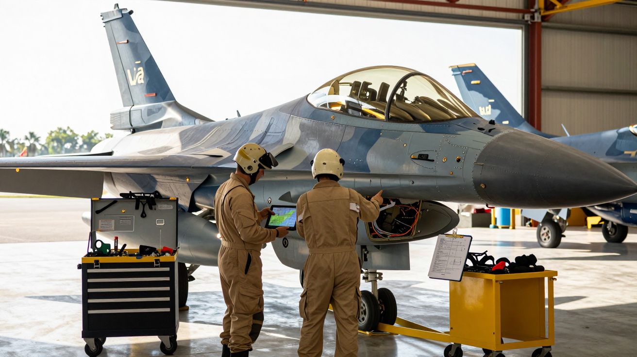 Dois técnicos de farda e capacetes trabalham numa asa de jato militar dentro de hangar.