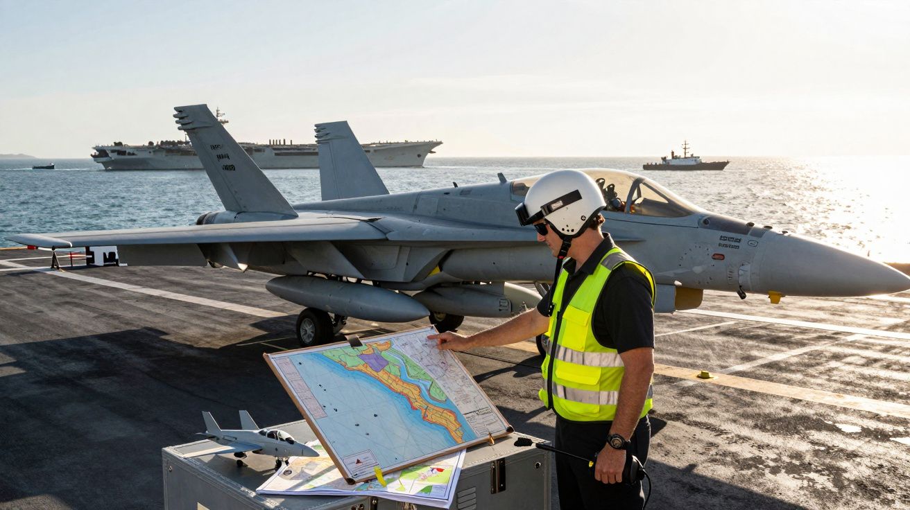 Piloto militar com colete refletor e capacete consulta carta náutica ao lado de avião de combate num porta-aviões no mar.