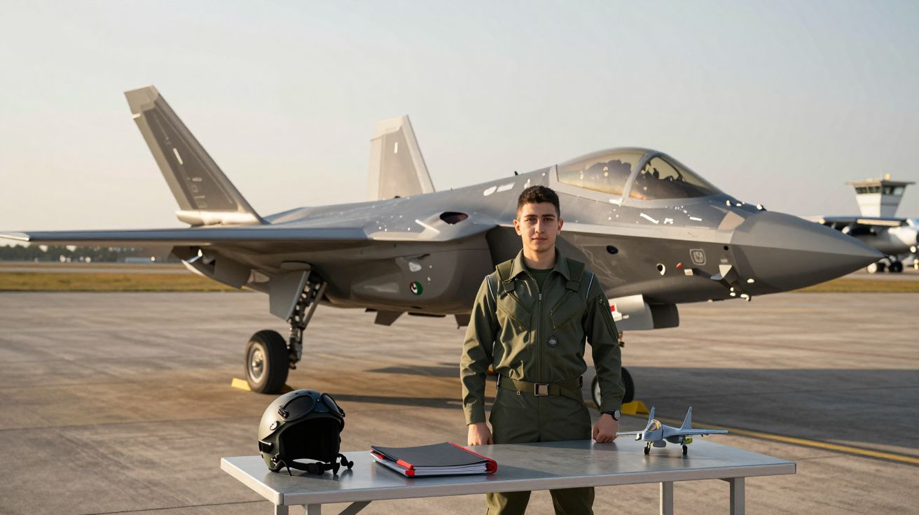 Jovem piloto militar em fato verde com jacto de combate e mesa com capacete e maquete à sua frente no aeroporto.