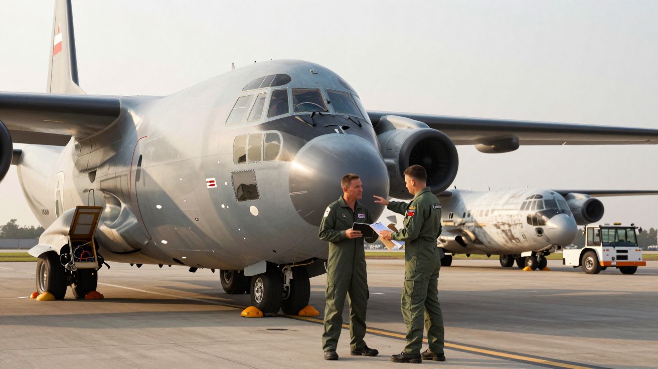 Dois militares em fato de voo conversam junto a aviões militares estacionados numa pista de aeroporto.