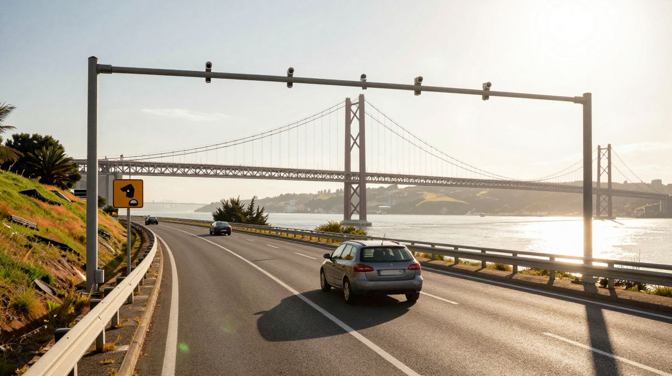 Carros a circular numa estrada junto ao rio com a ponte 25 de Abril ao fundo ao pôr do sol.