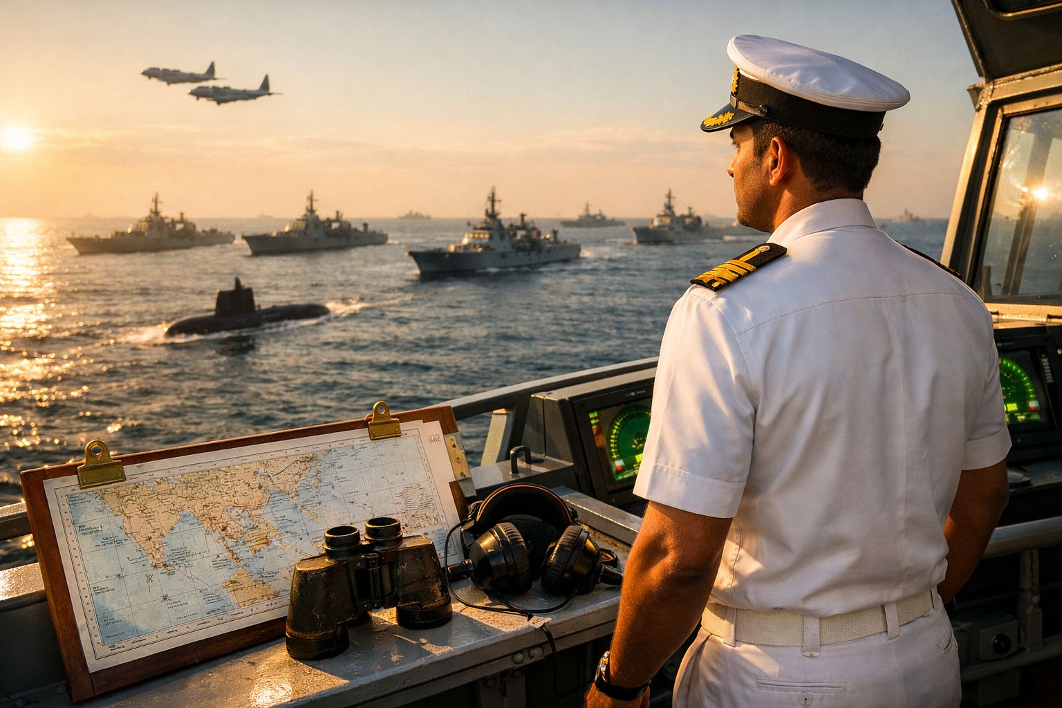 Oficial naval observa frotas de navios e submarino ao pôr do sol, com dois aviões sobrevoando o mar.