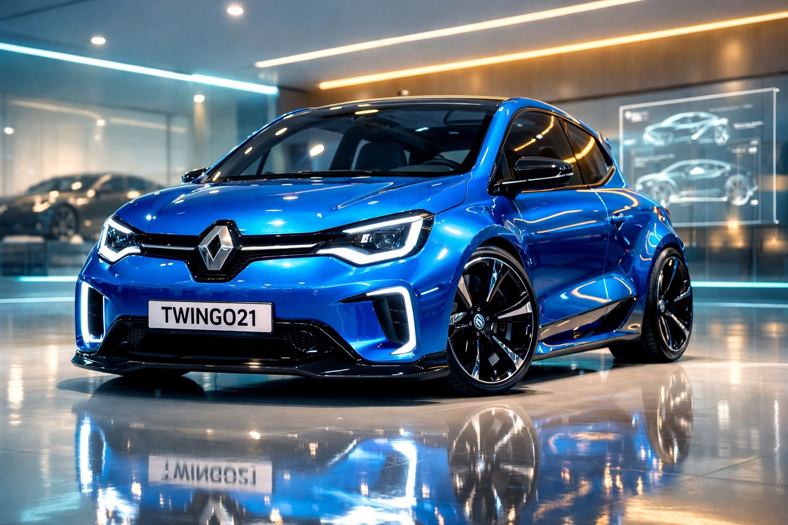 Carro Renault Twingo azul metálico exposto num showroom moderno com luzes refletidas no chão polido.