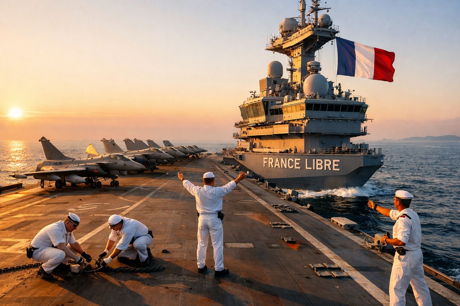 Pessoal naval em convés de porta-aviões ao pôr do sol com aviões militares alinhados e bandeira francesa.