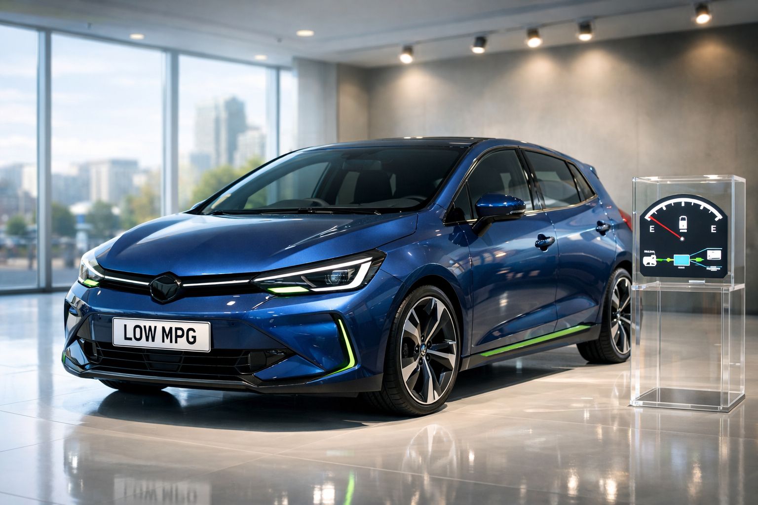 Carro elétrico azul metálico em exposição, com painel indicador de carga ao lado, em espaço moderno e iluminado.