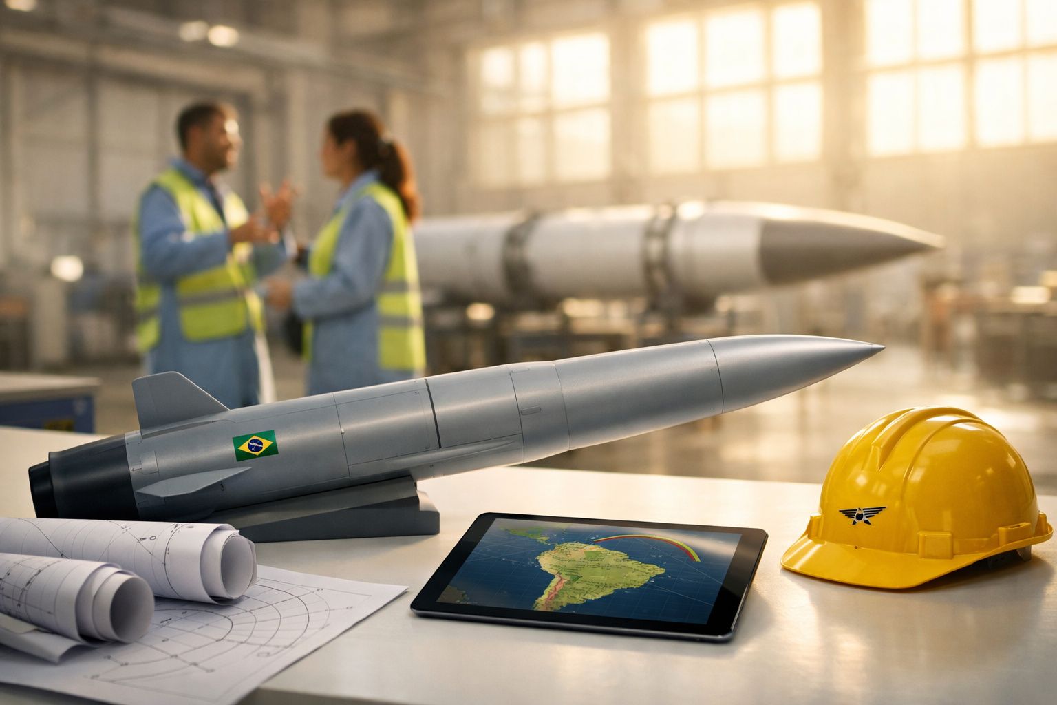 Modelo de míssil com bandeira do Brasil, capacete amarelo, plantas e tablet numa mesa em ambiente industrial.