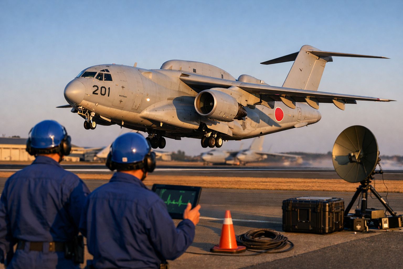 Dois técnicos com capacetes e auriculares observam um avião militar japonês a descolar numa pista ao pôr-do-sol.
