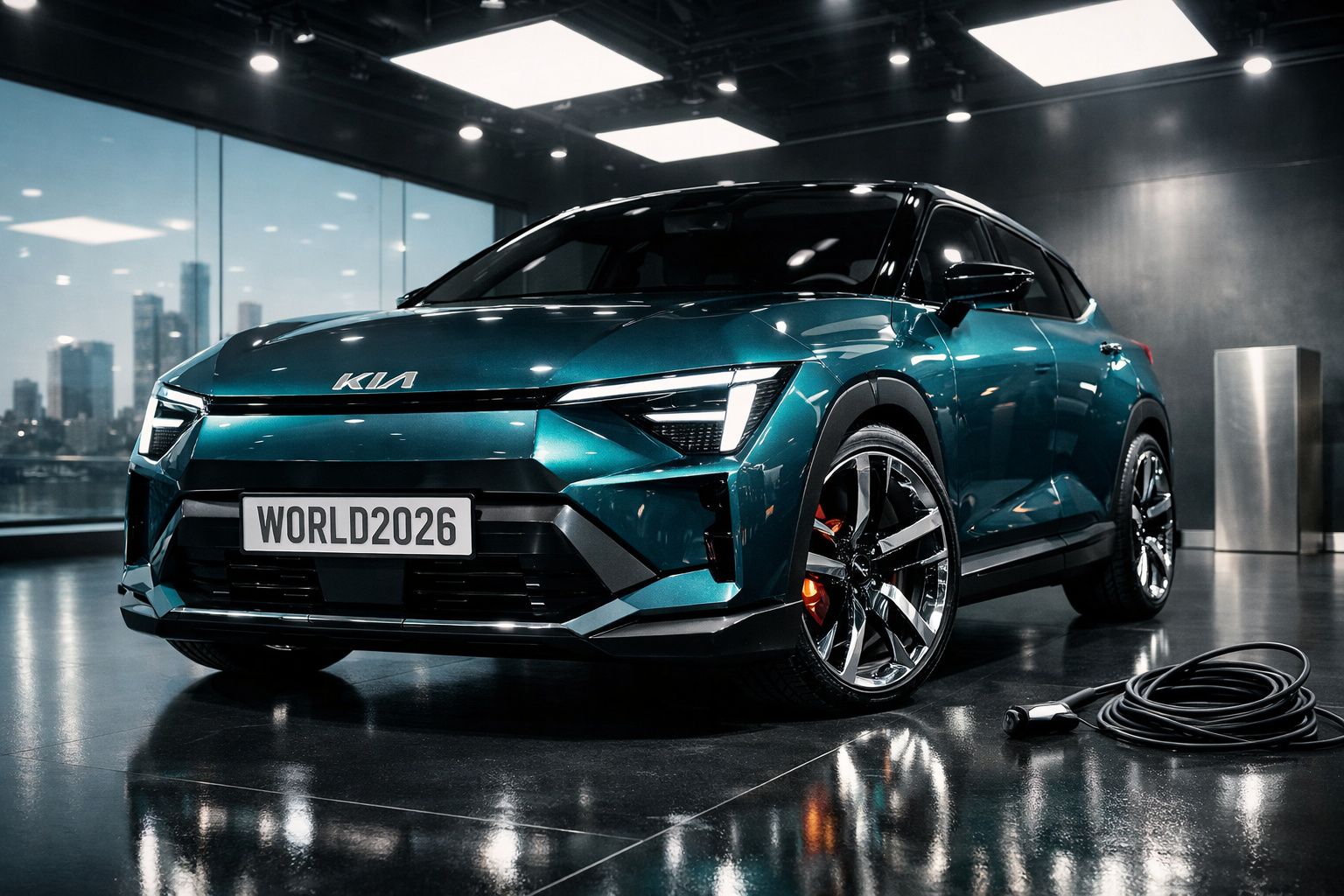 Carro elétrico Kia de cor azul metálico estacionado em showroom moderno com carregador ao lado.