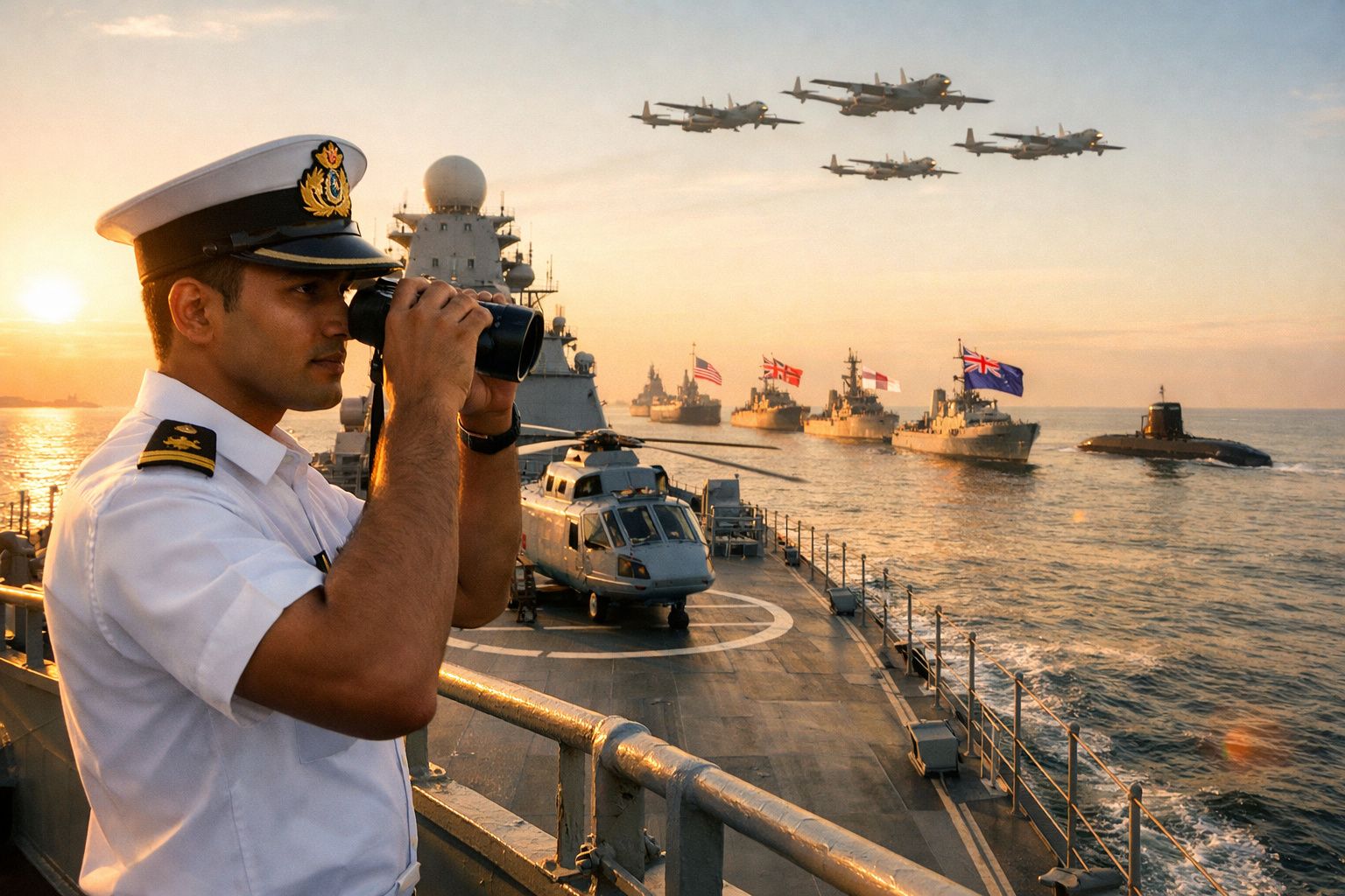 Militar naval com binóculos no convés de um navio, com helicóptero, várias embarcações e aviões militares ao fundo.