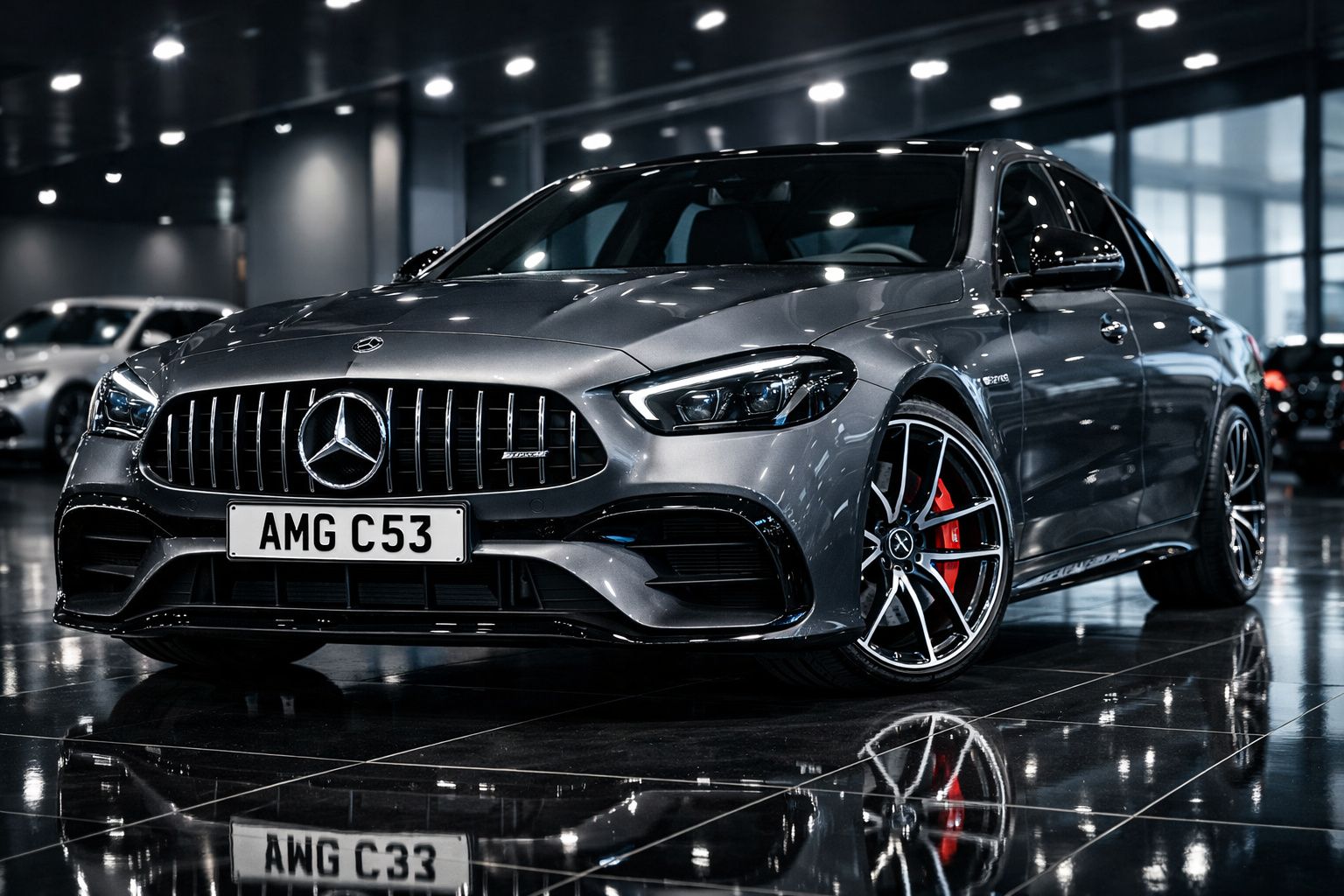 Mercedes-Benz AMG C53 cinzento estacionado num salão de automóveis moderno com chão espelhado.