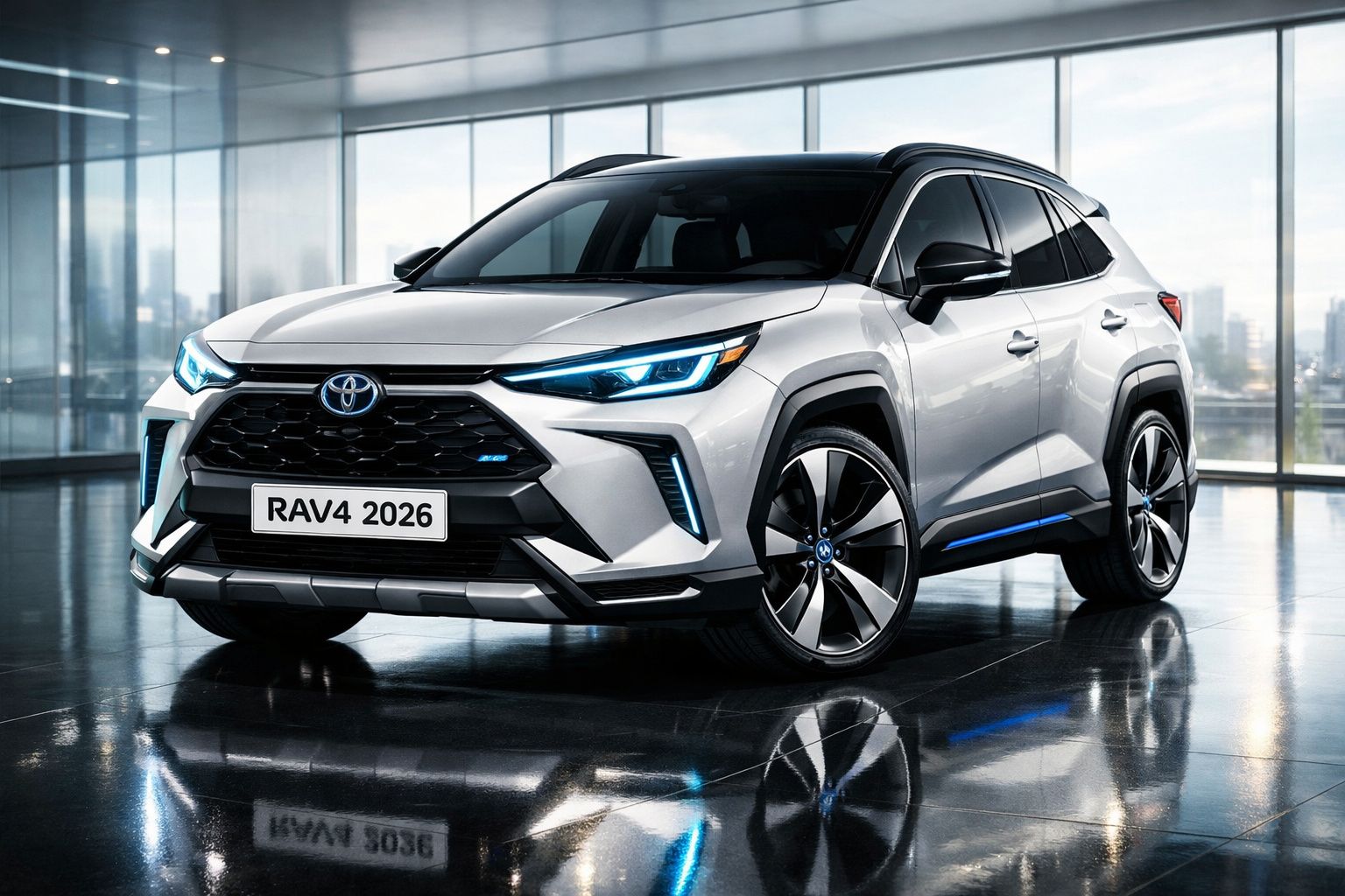 Toyota RAV4 2026 branco numa sala moderna com janelas amplas e chão refletor.