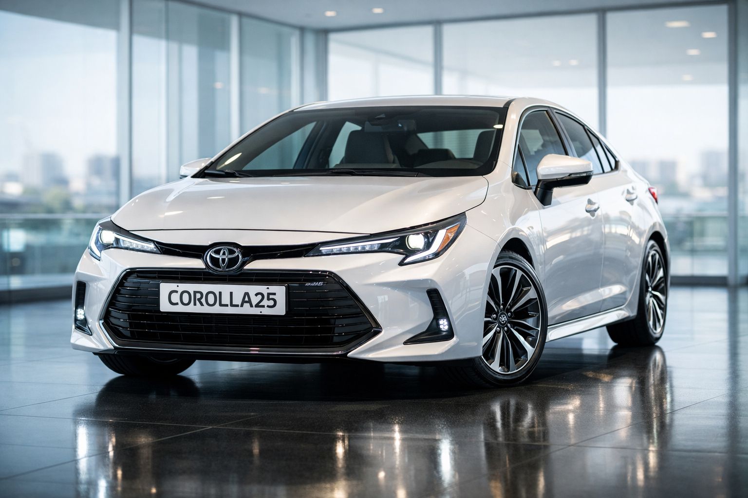 Automóvel Toyota Corolla branco, modelo 2025, em exposição num espaço moderno com chão refletor.