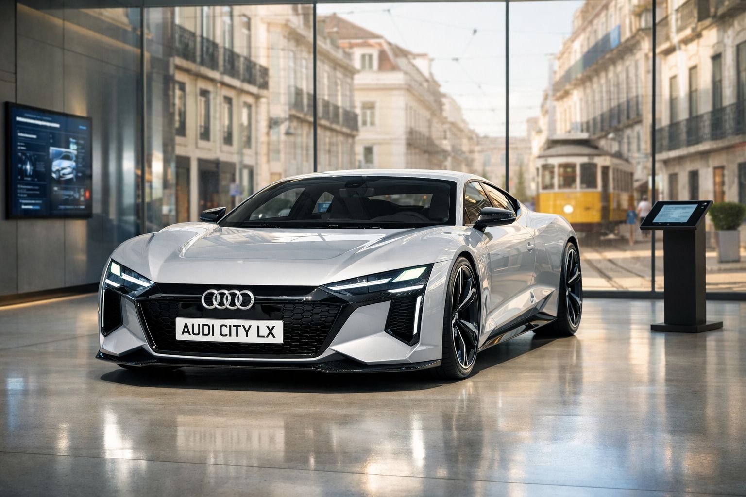 Carro desportivo elétrico Audi City LX branco em exposição numa rua urbana com elétrico amarelo ao fundo.
