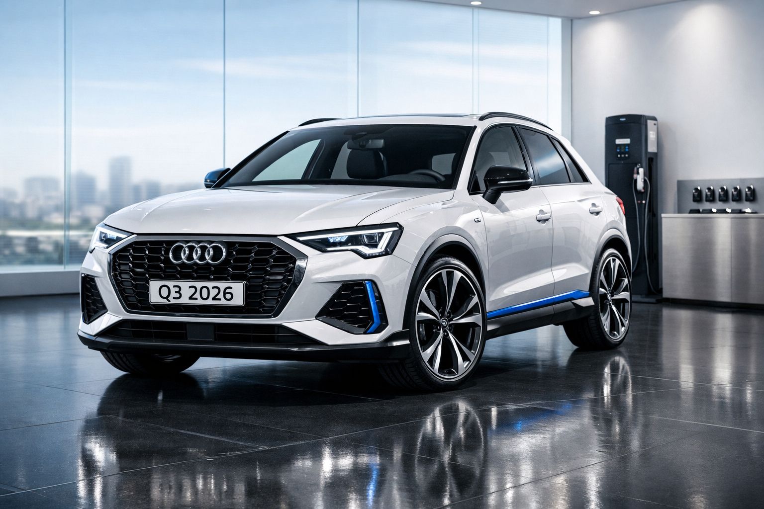 Carro Audi Q3 branco de 2026 elétrico estacionado numa garagem com carregador.