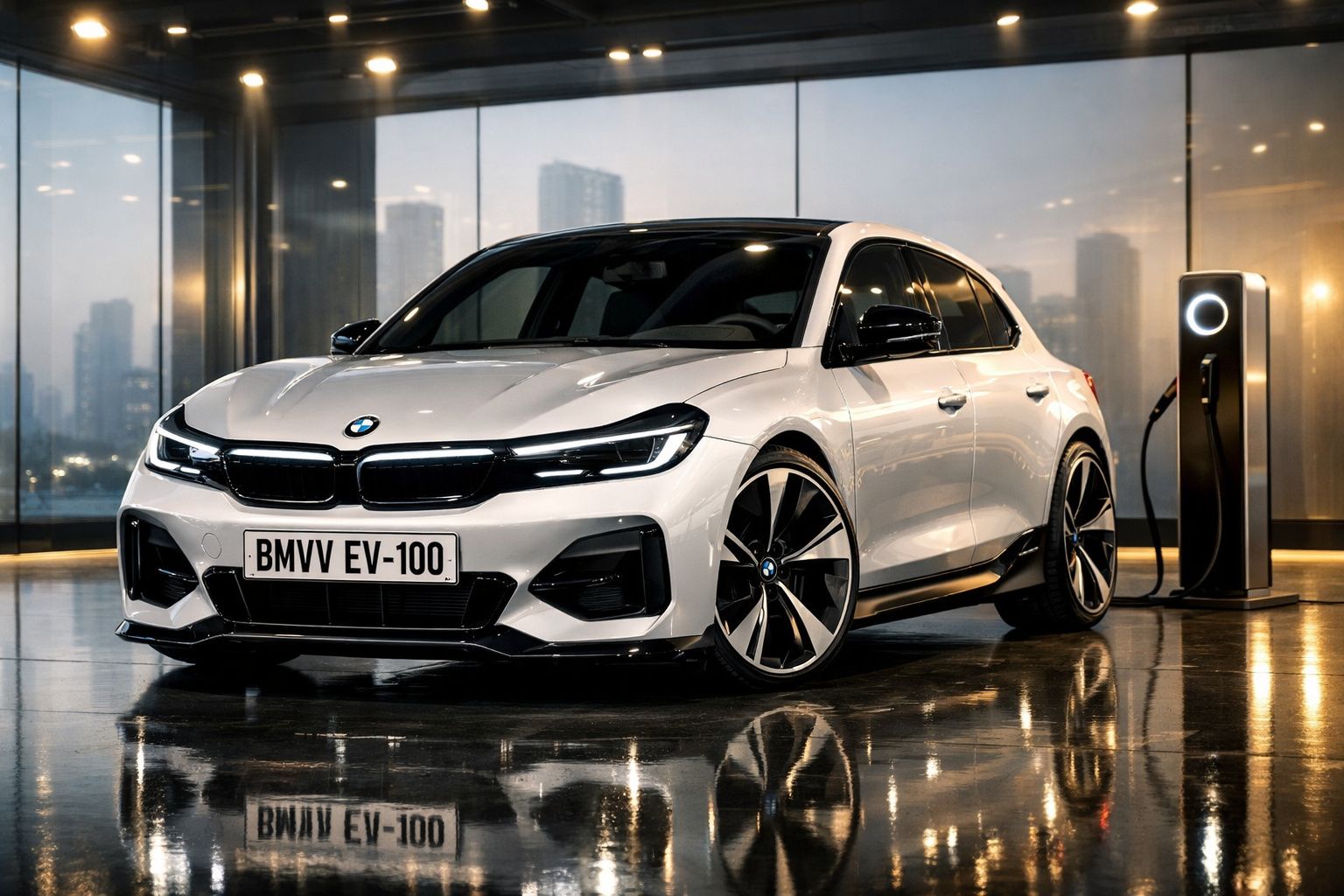 Carro elétrico branco BMW estacionado junto a posto de carregamento interior com cidade ao fundo.