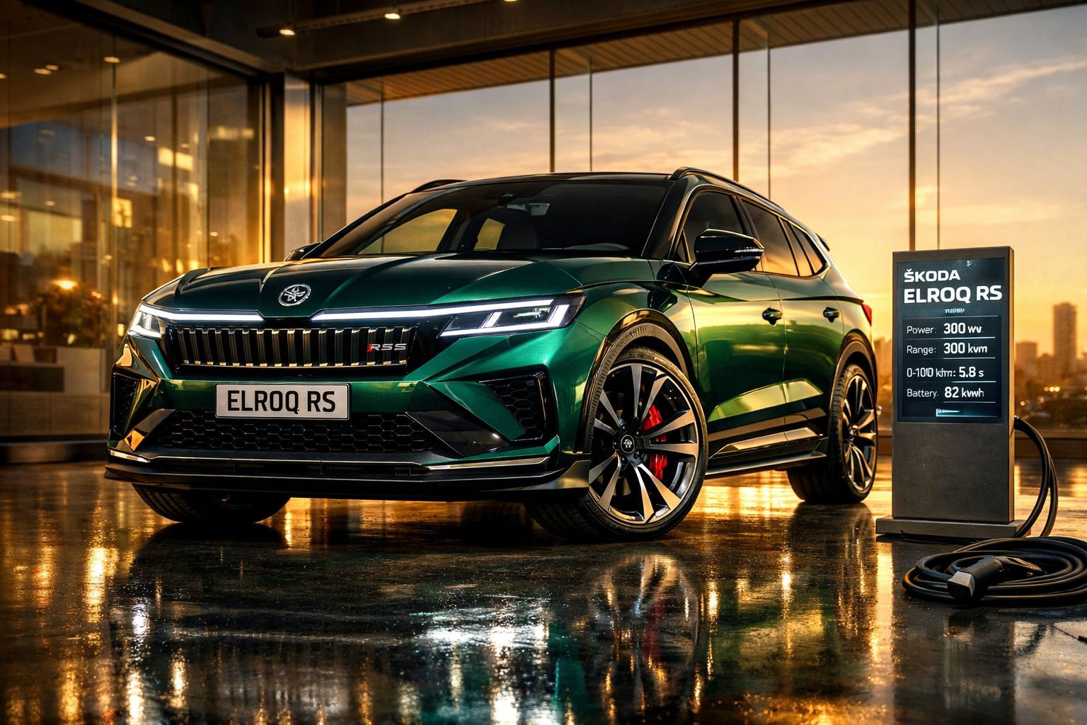 Carro elétrico Škoda ELROQ RS verde estacionado ao pôr do sol com estação de carregamento ao lado.