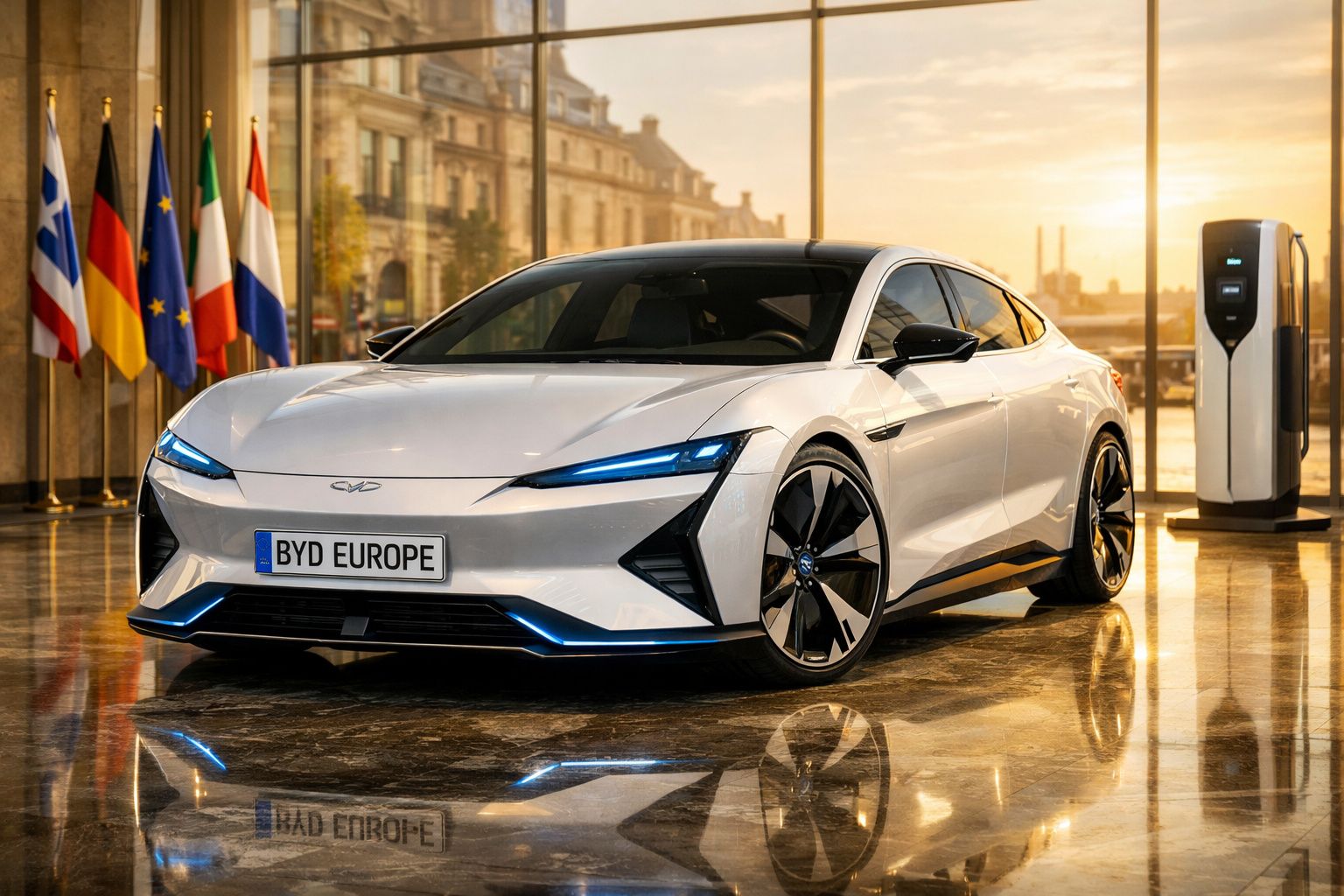 Carro elétrico branco elegante estacionado perto de posto de carregamento com bandeiras europeias ao fundo.
