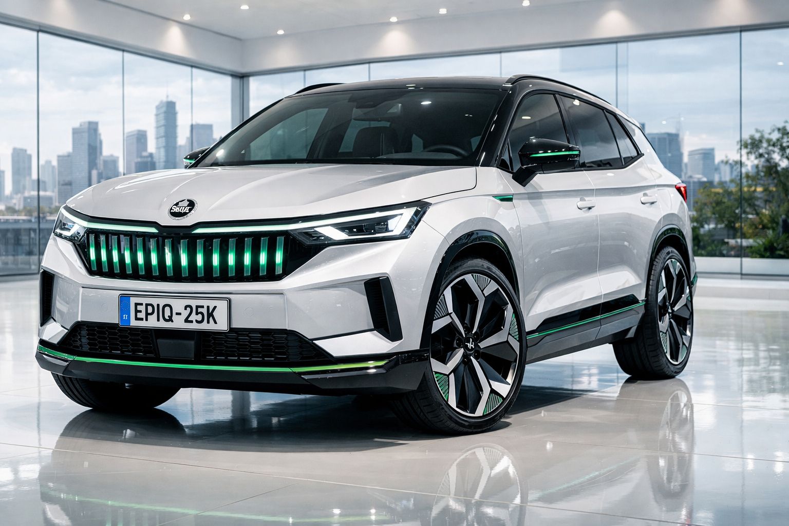 Carro elétrico branco com detalhes verdes em ambiente moderno e urbano com janelas de vidro.