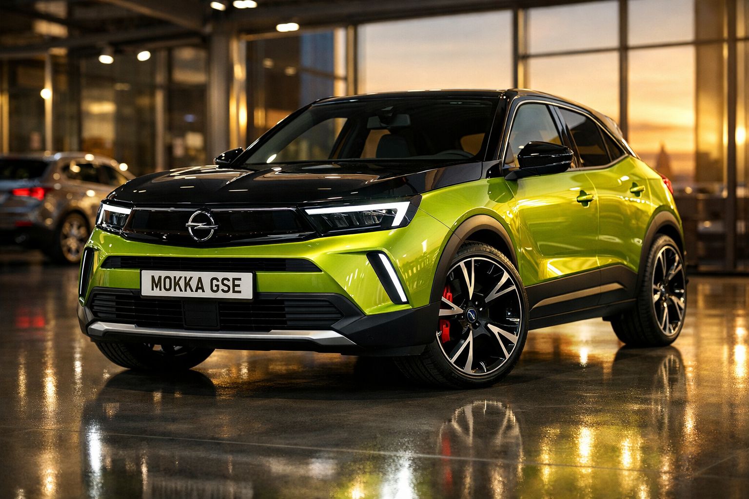 Carro SUV Opel Mokka GSE verde limão com tejadilho preto mostrado num salão com iluminação quente.