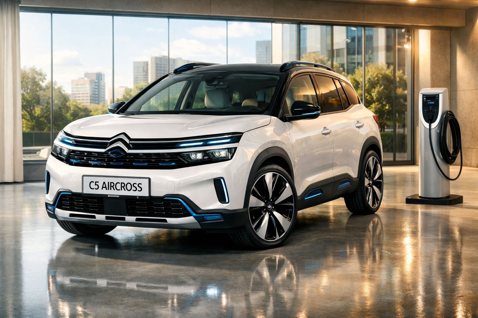 SUV Citroën C5 Aircross branco estacionado junto a carregador elétrico dentro de edifício moderno.