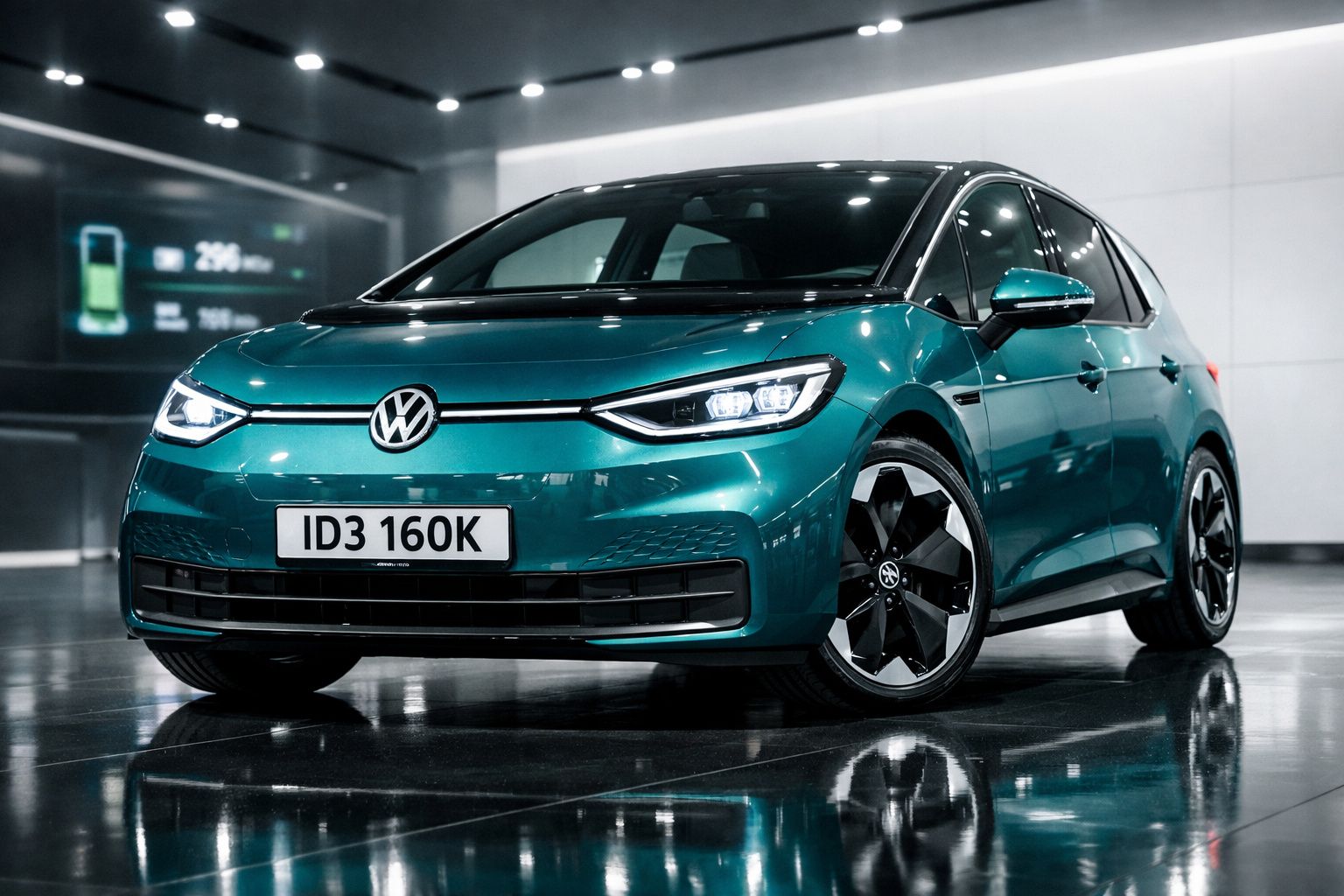 Carro elétrico Volkswagen ID.3 azul estacionado num showroom moderno com piso refletor.