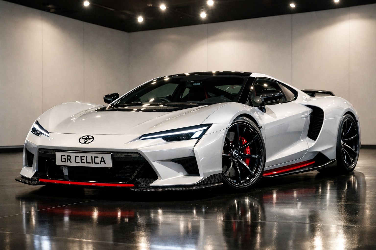 Carro desportivo branco Toyota GR Celica num ambiente interior com iluminação suave.