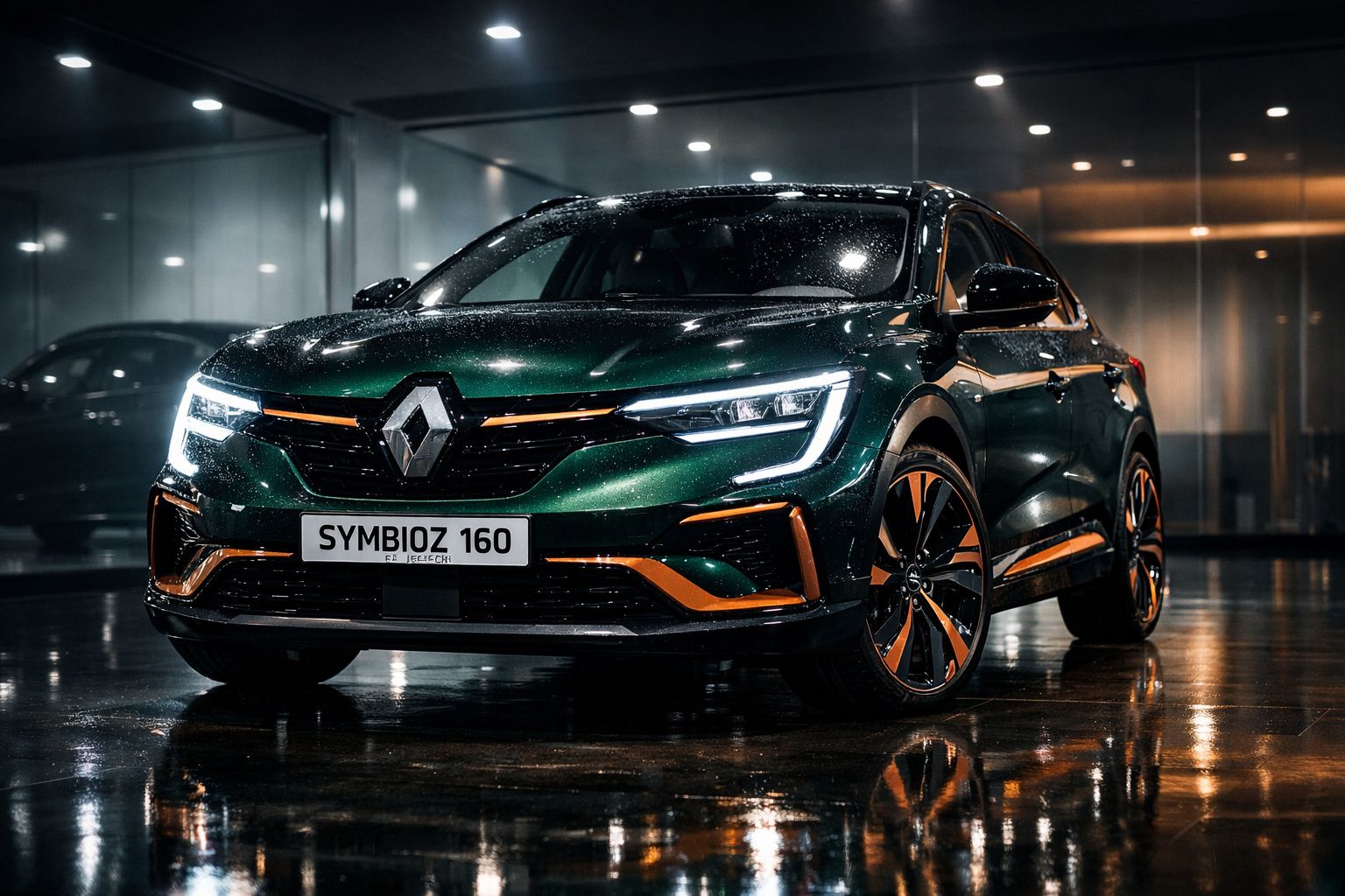 Renault Symbioz 160 verde escuro com detalhes laranja, iluminado e refletido num piso molhado interior.