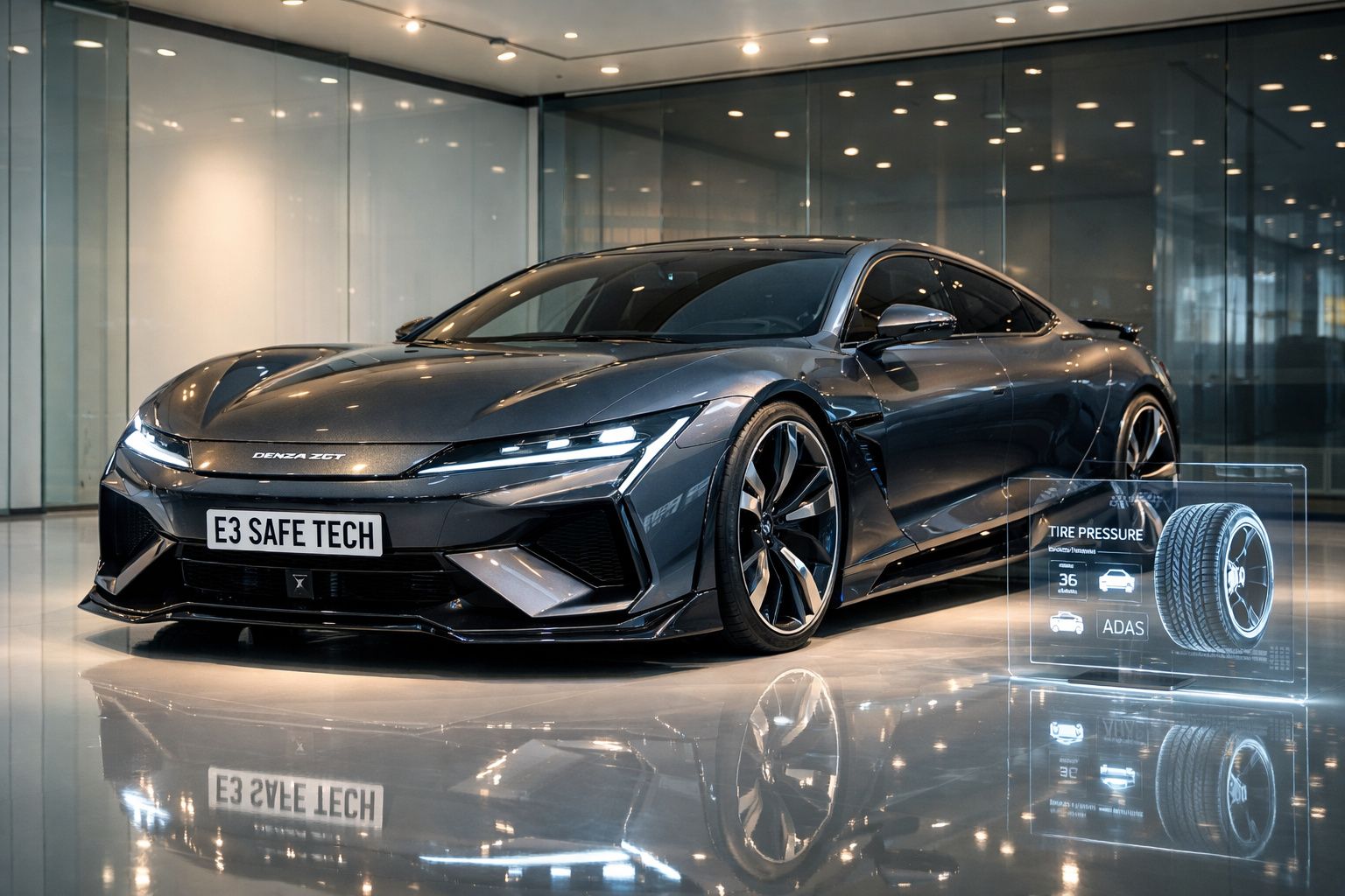 Carro desportivo elétrico cinzento escuro estacionado em interior moderno com interface digital de pressão dos pneus.