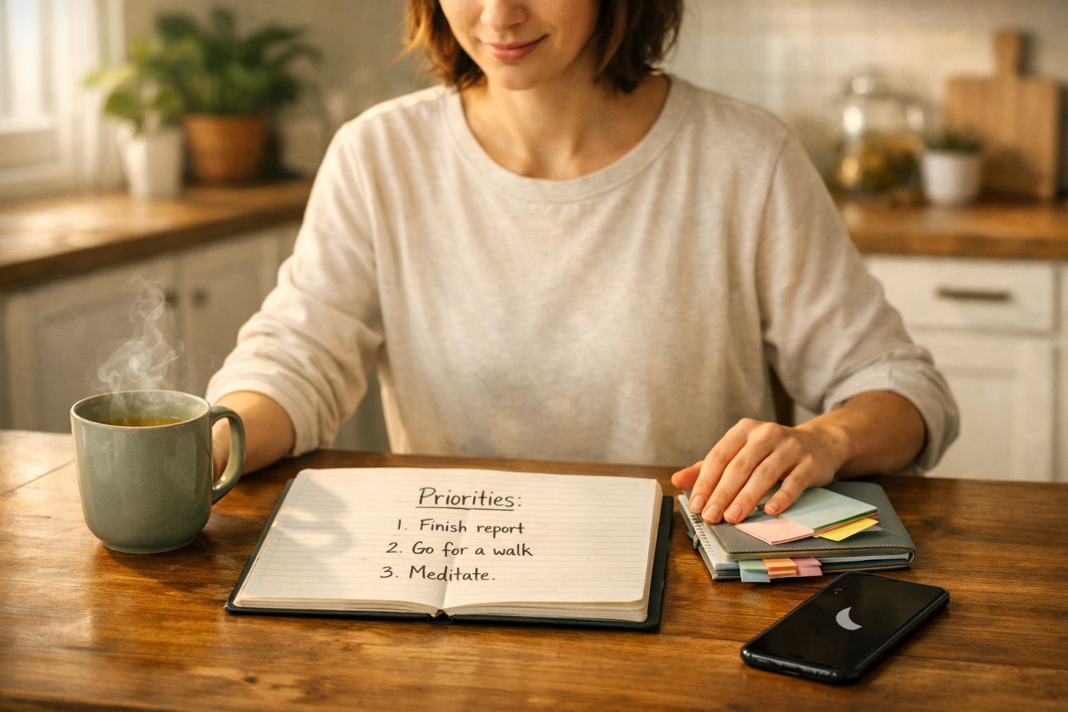 Pessoa sentada à mesa com lista de prioridades e chá quente no ambiente da cozinha.