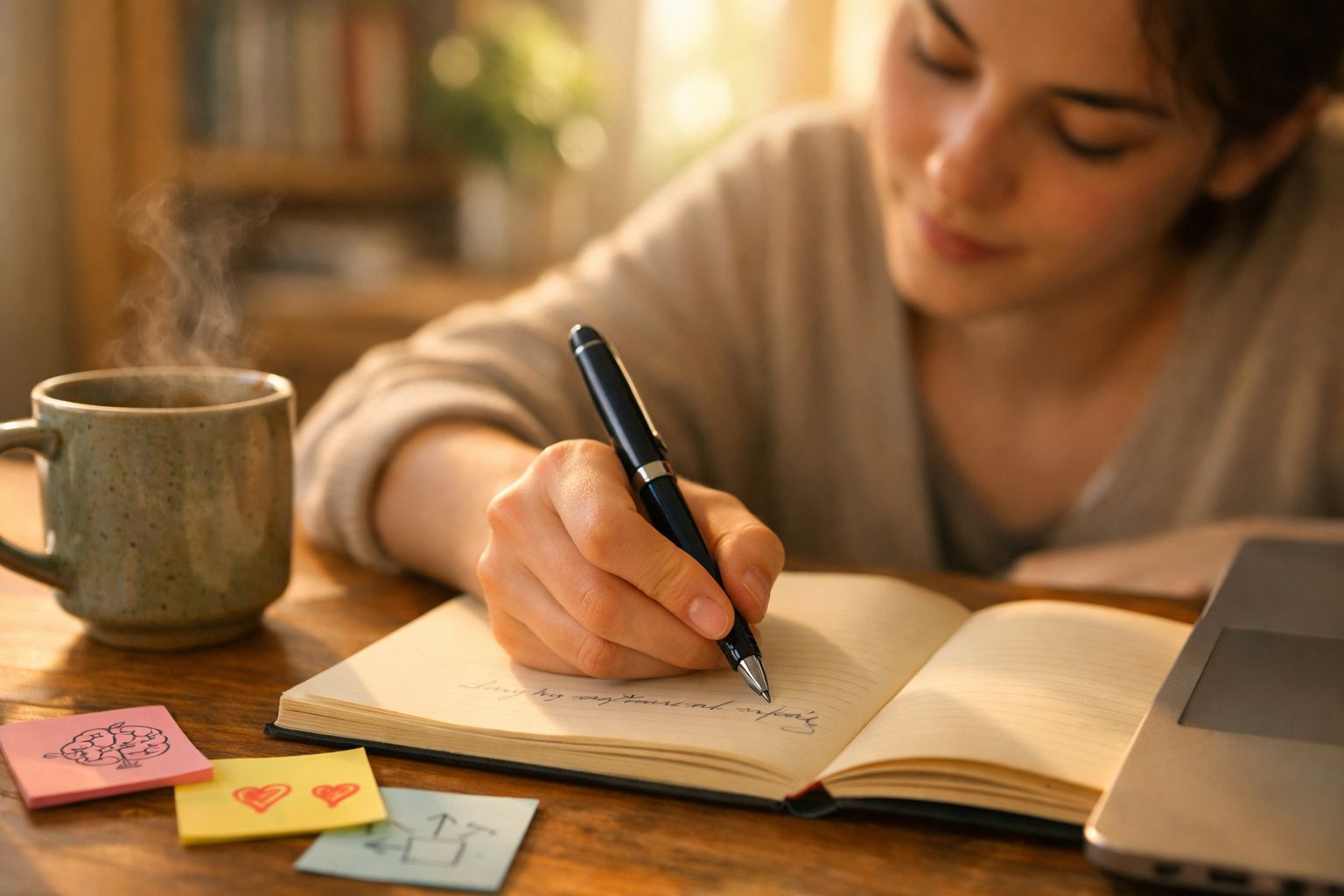 Pessoa a escrever num caderno junto a um computador e chá quente numa chávena numa mesa de madeira.