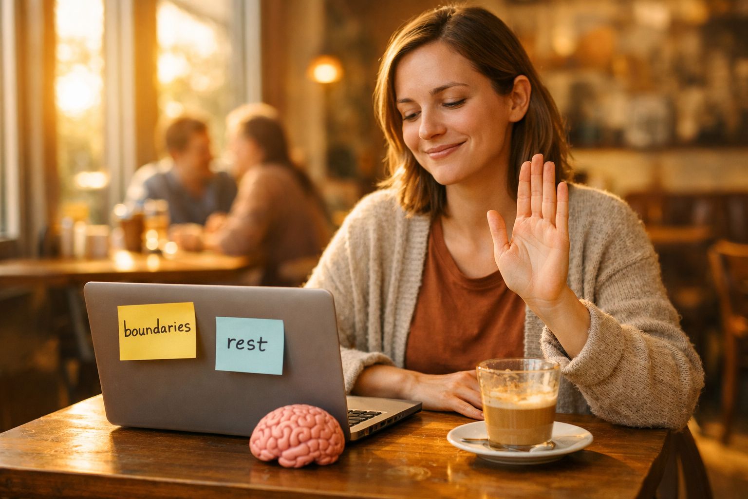 Mulher sentada num café a trabalhar no portátil, levantando a mão em sinal de pausa, com café na mesa.
