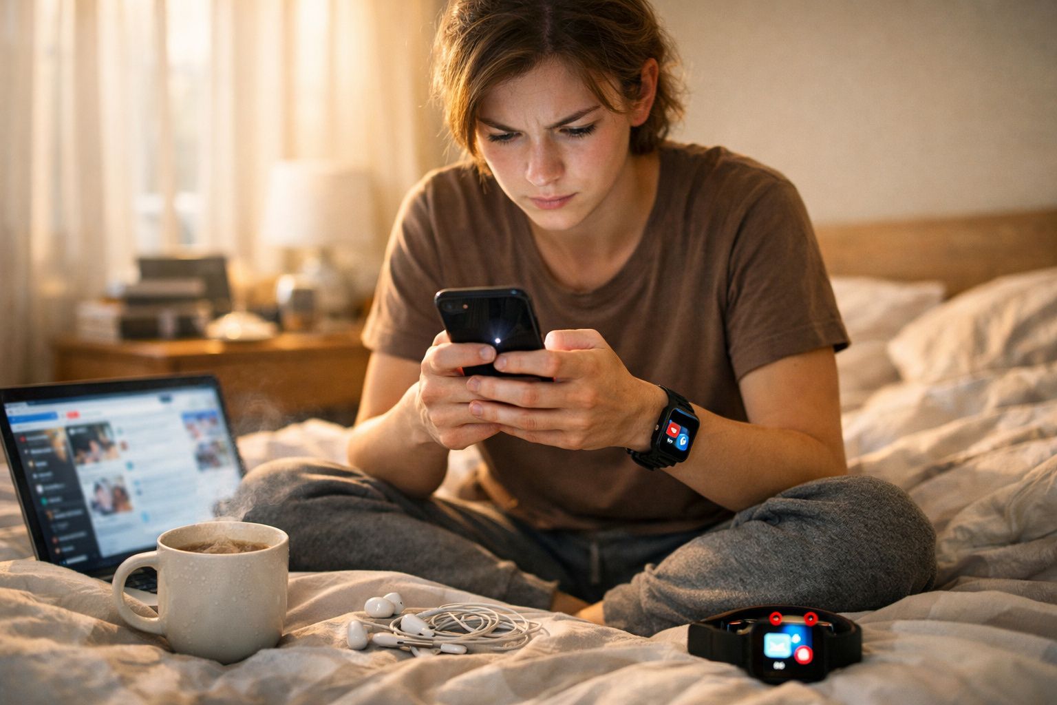 Pessoa sentada na cama com expressão preocupada, usando telemóvel e smartwatch, ao lado de computador e chá fumegante.