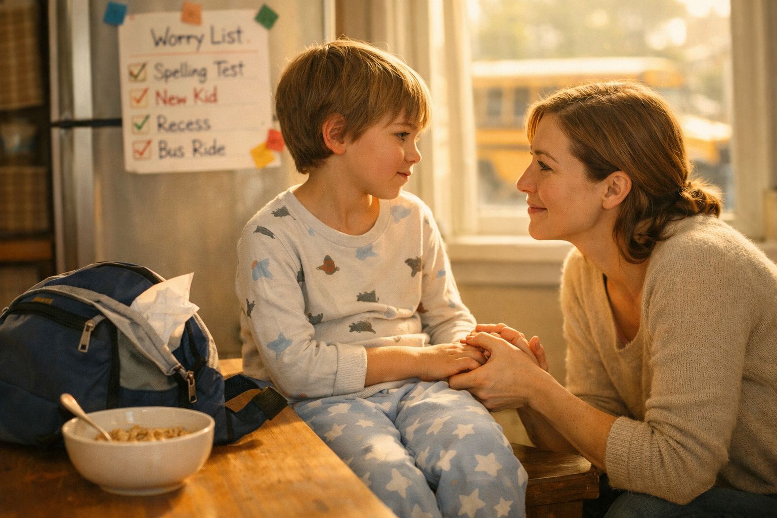 Mãe e filho a segurarem as mãos e a conversarem num quarto com mochila e lista de tarefas ao fundo.