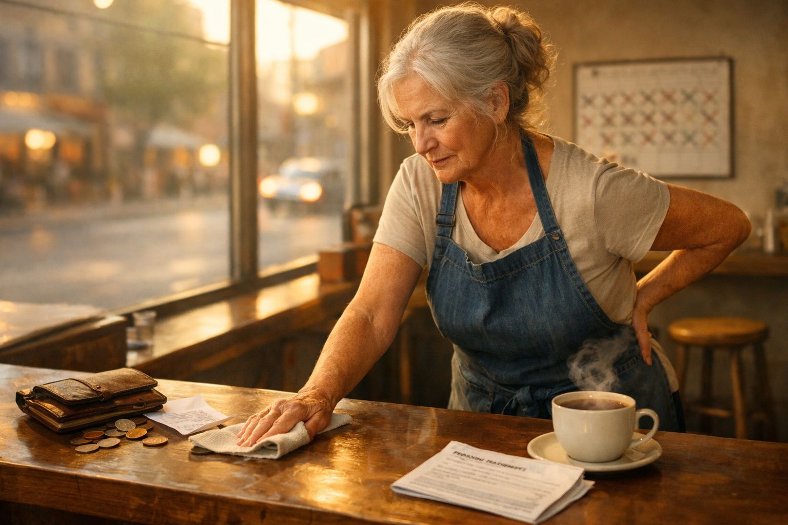 Mulher idosa com avental limpa o balcão de madeira num café, ao lado de uma chávena de chá quente.