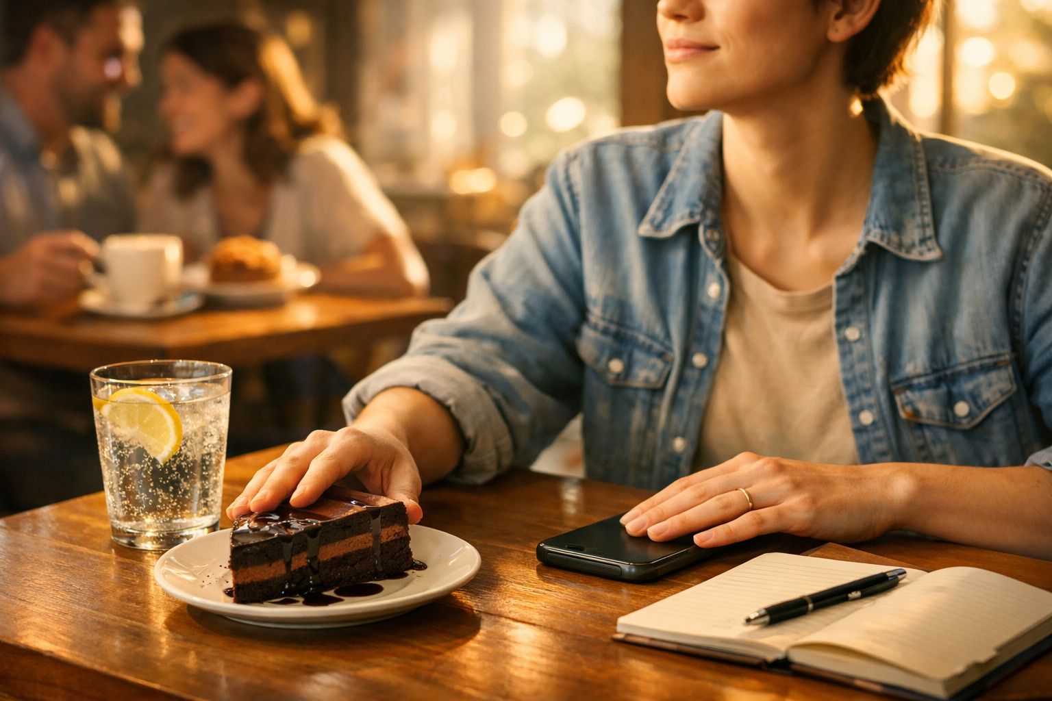 Pessoa com casaco de ganga sentada numa mesa de madeira com fatia de bolo de chocolate e bebida com limão.