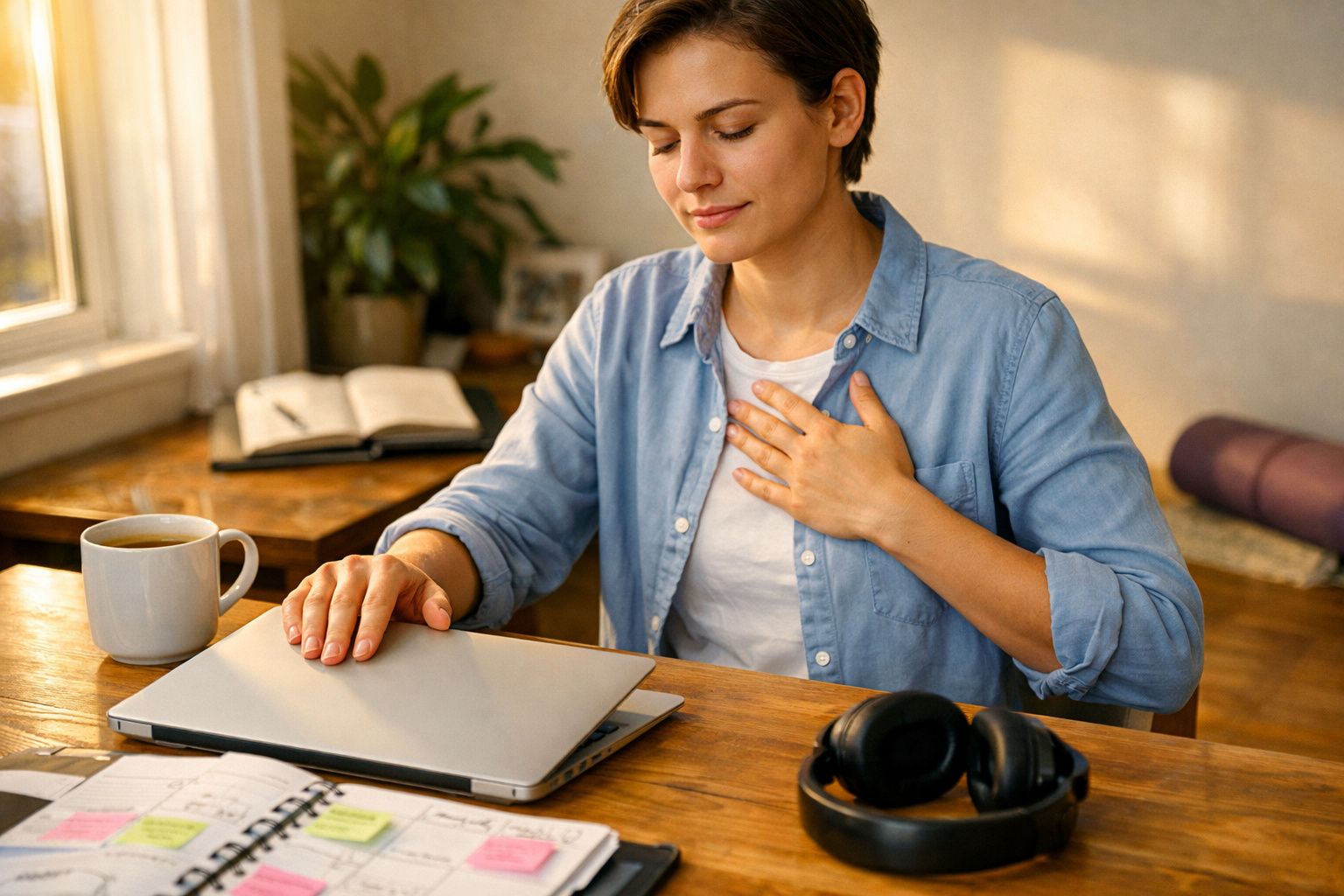 Mulher fechando portátil com mão no peito, sentada numa mesa com chá, livros e auscultadores.