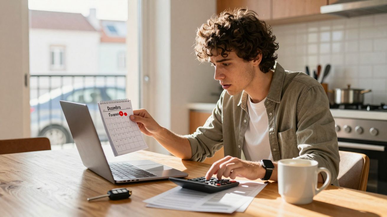 Homem jovem a calcular despesas e a consultar calendário na cozinha com portátil aberto.