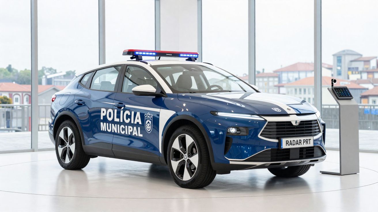 Carro da Polícia Municipal azul com luzes de emergência e placa "RADAR PRT" em exposição interior moderna.