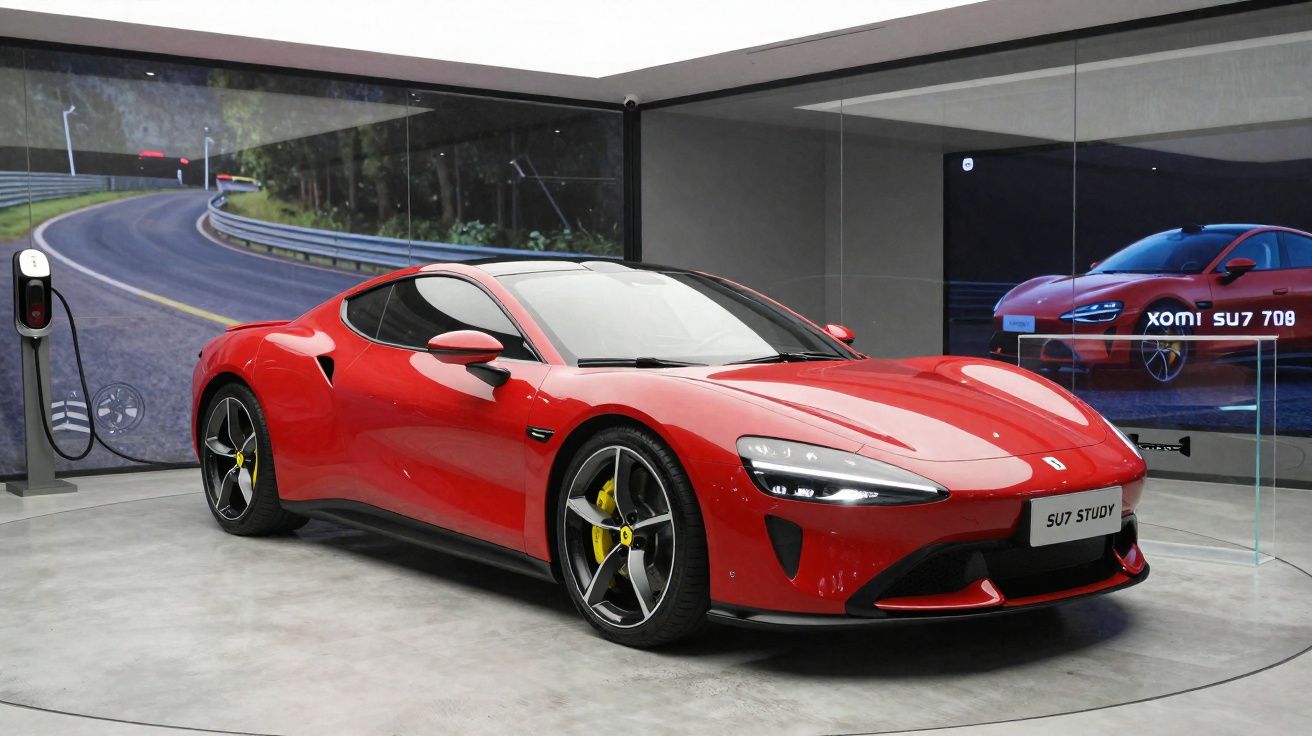 Carro desportivo vermelho Ferrari SU7 Study estacionado num espaço moderno com carregador elétrico.