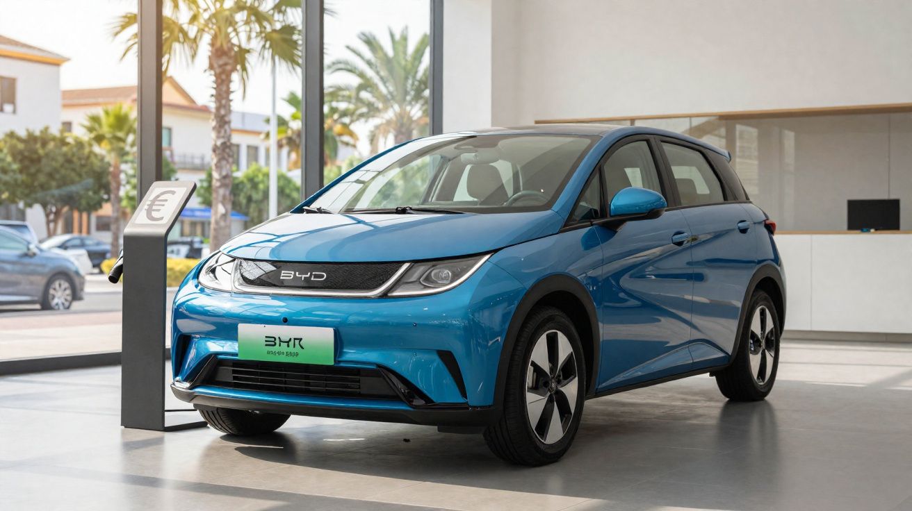 Carro elétrico azul BYD BHT exposto em sala de showroom com carregador de veículos elétricos ao lado.