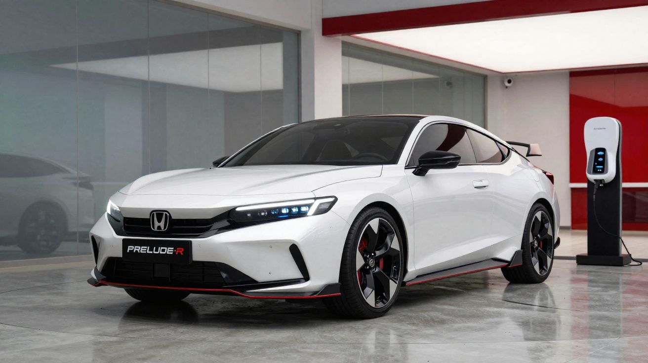 Carro elétrico Honda Prelude-R branco estacionado num espaço interior junto a um carregador.