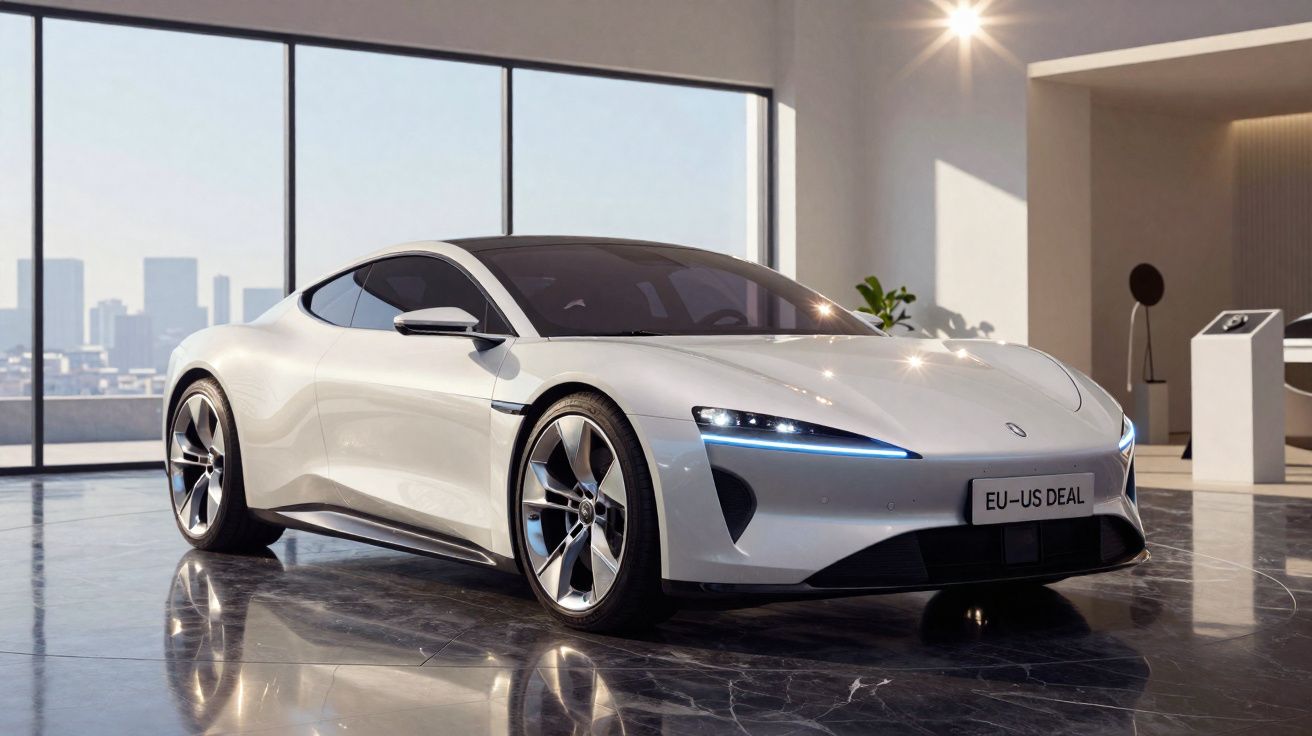 Carro desportivo elétrico branco com luzes LED, estacionado em piso de mármore num showroom moderno.